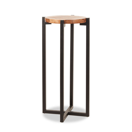 Round wooden table with black metal legs, against a white background