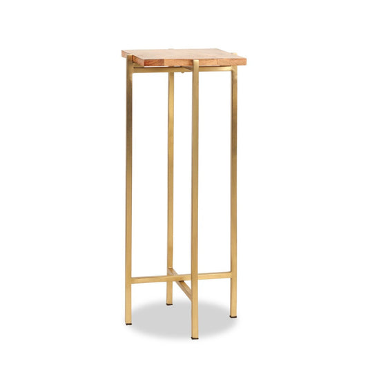 Gold-tone metal side table with a wooden top, plain background