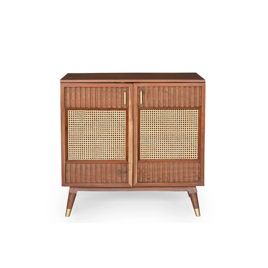A wabi-sabi style furniture item with wooden finish, featuring cane panels and metal handles, displayed against a white background.