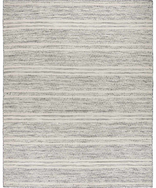 Woolen rug with vertical stripes and intricate dot patterns in off-white and subtle grey tones