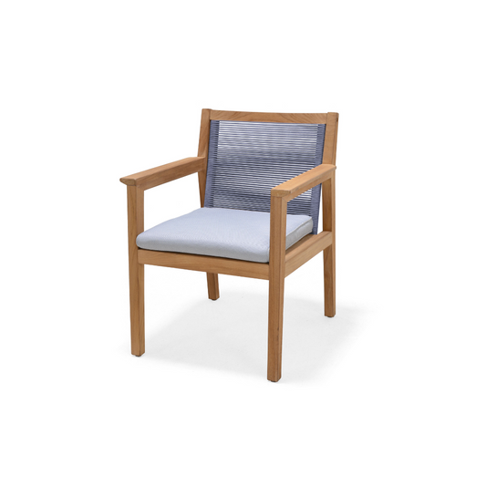 A wooden armchair with a blue and white textured backrest and seat, viewed against a plain white background.