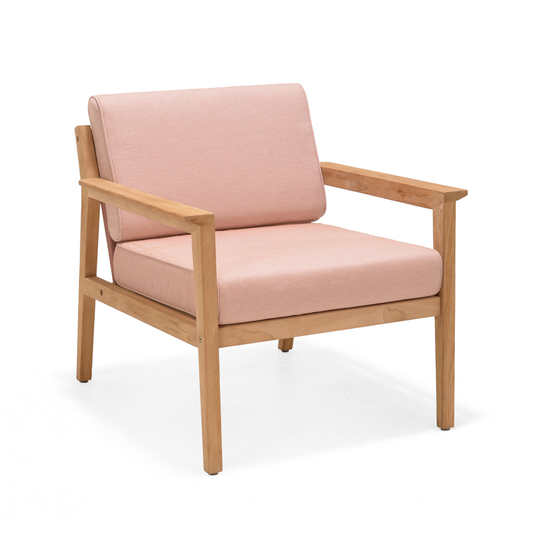 A single sofa chair made of teak wood with pink upholstery against a white background.