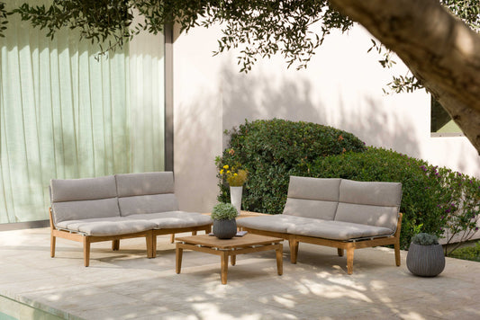 Arno 6pc Corner Set Light, wooden frame, light grey cushions, outdoor patio with pool and greenery, shows_product