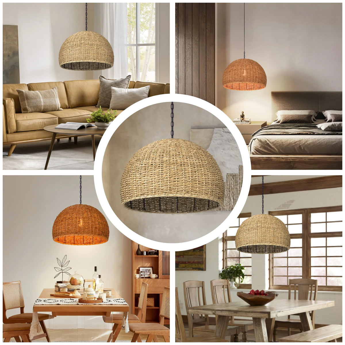 Handwoven Seagrass Dome Pendant Light - Rustic Boho Ceiling Lamp