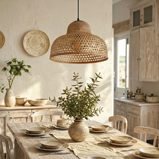A woven bamboo pendant light hanging above a table with greenery in a ceramic vase.