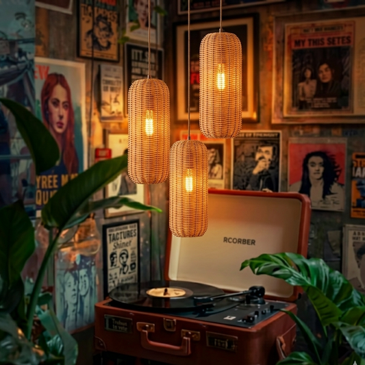 Woven rattan column lights, brown, hanging above a vintage record player with records, surrounded by wall art and plants.