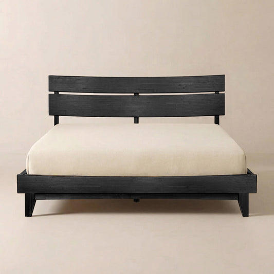 Aurora Solid Wood Bed Frame & Nightstand, black finish, cream mattress, neutral background.