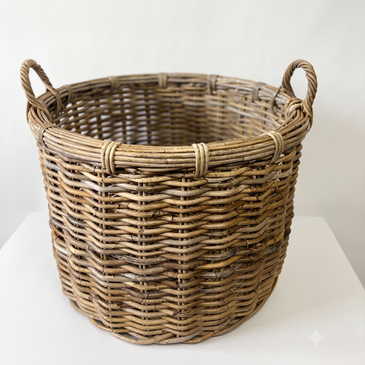 Rattan basket with natural finish and two handles on a white surface.