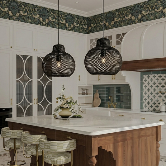 Black mesh spherical pendant lights hanging over a kitchen island with white cabinets and green wallpaper