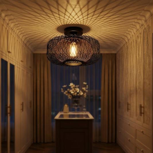 Eclipse Woven Rattan Orb ceiling light in a hallway with wooden cabinets and curtains