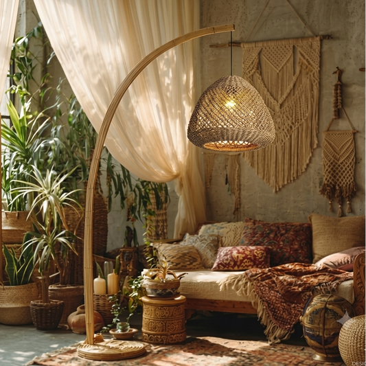 Hanging natural jute net dome shade with bamboo frame in a bohemian living space with plants and textiles
