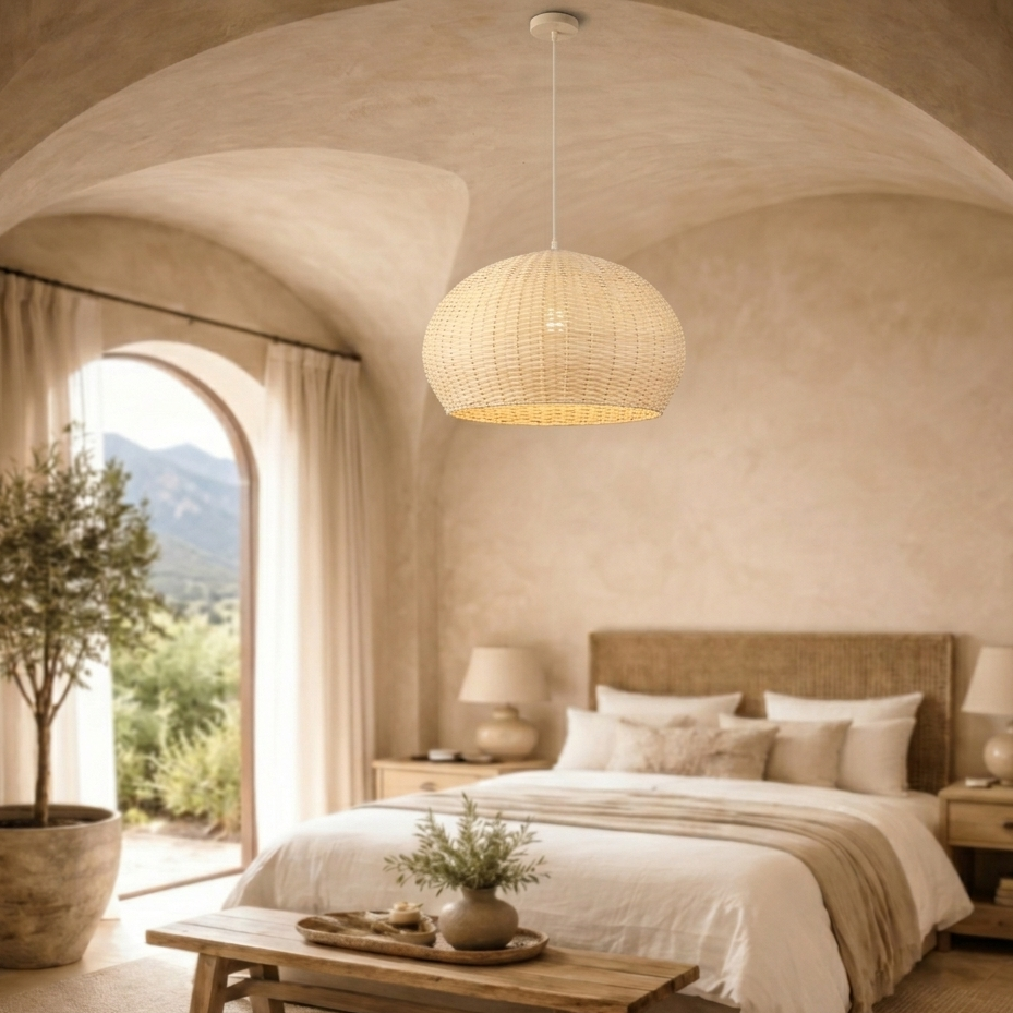 Handwoven Bamboo Dome Pendant Light - Rustic Boho Ceiling Lamp