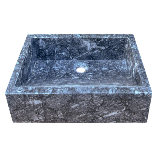 Rectangular vessel sink with gray marble texture, polished finish, and subtle veining, set against a white background.