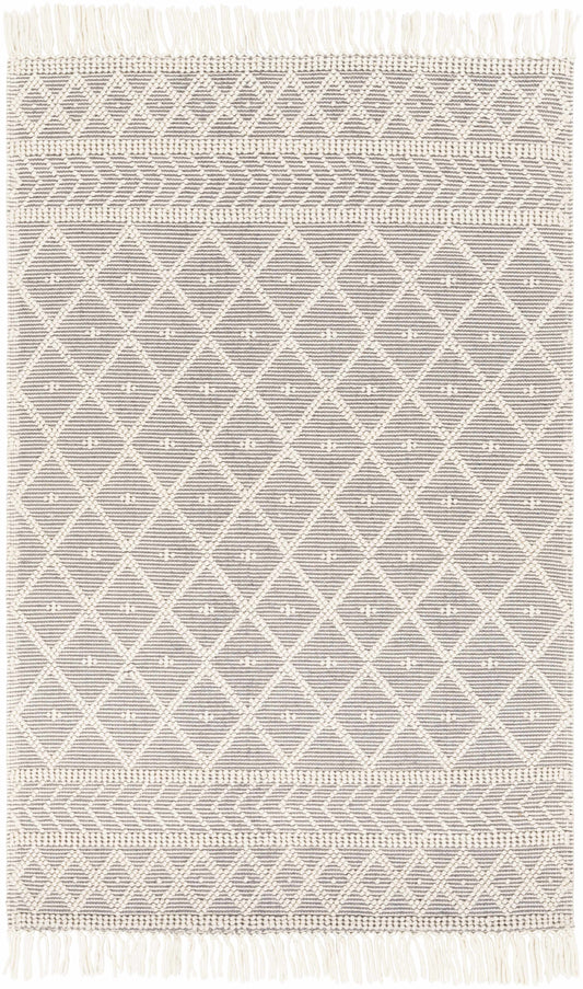 Grey and white cotton rug with diamond pattern and tassels