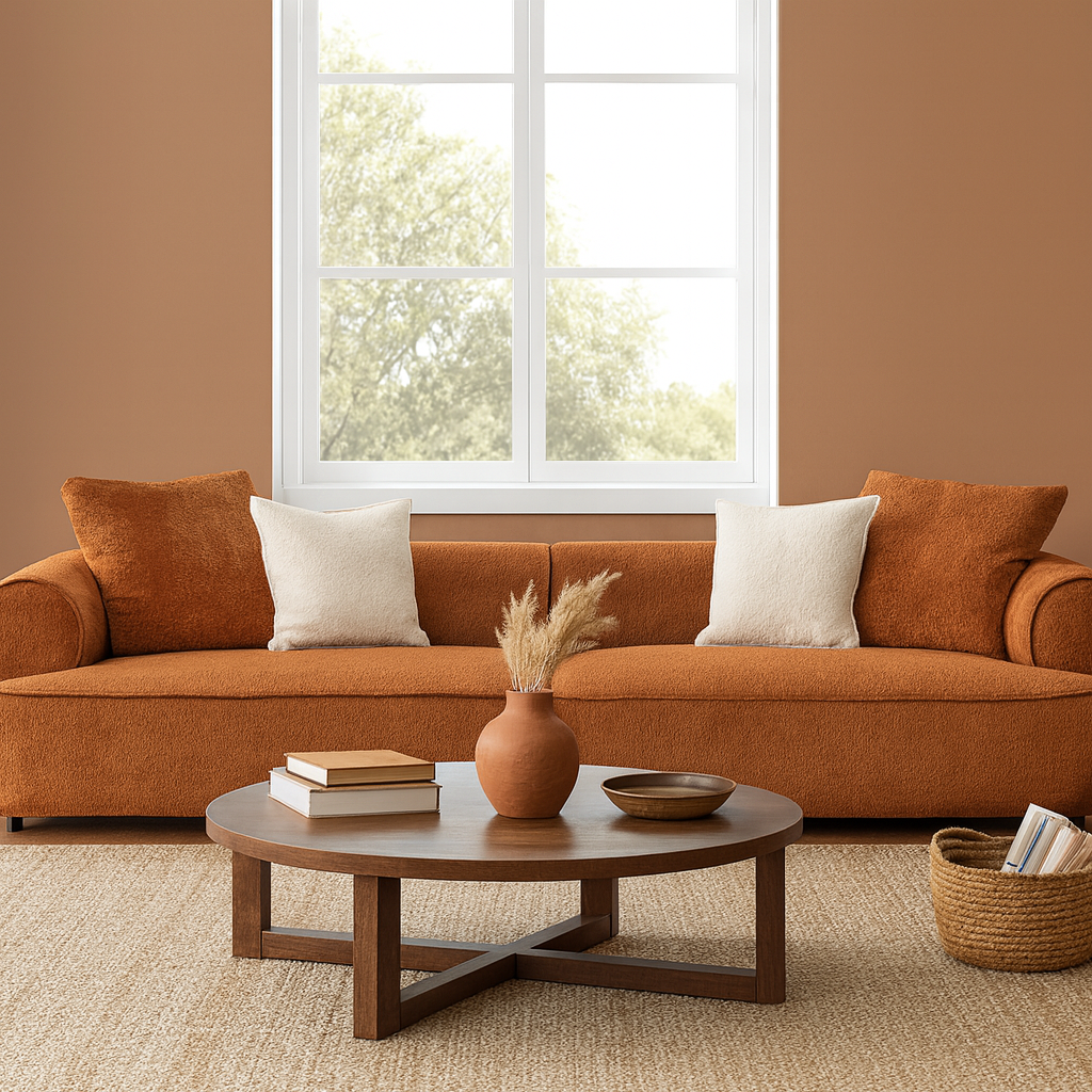 Upholstered Four-Seat Sofa Low Curved Profile, rust