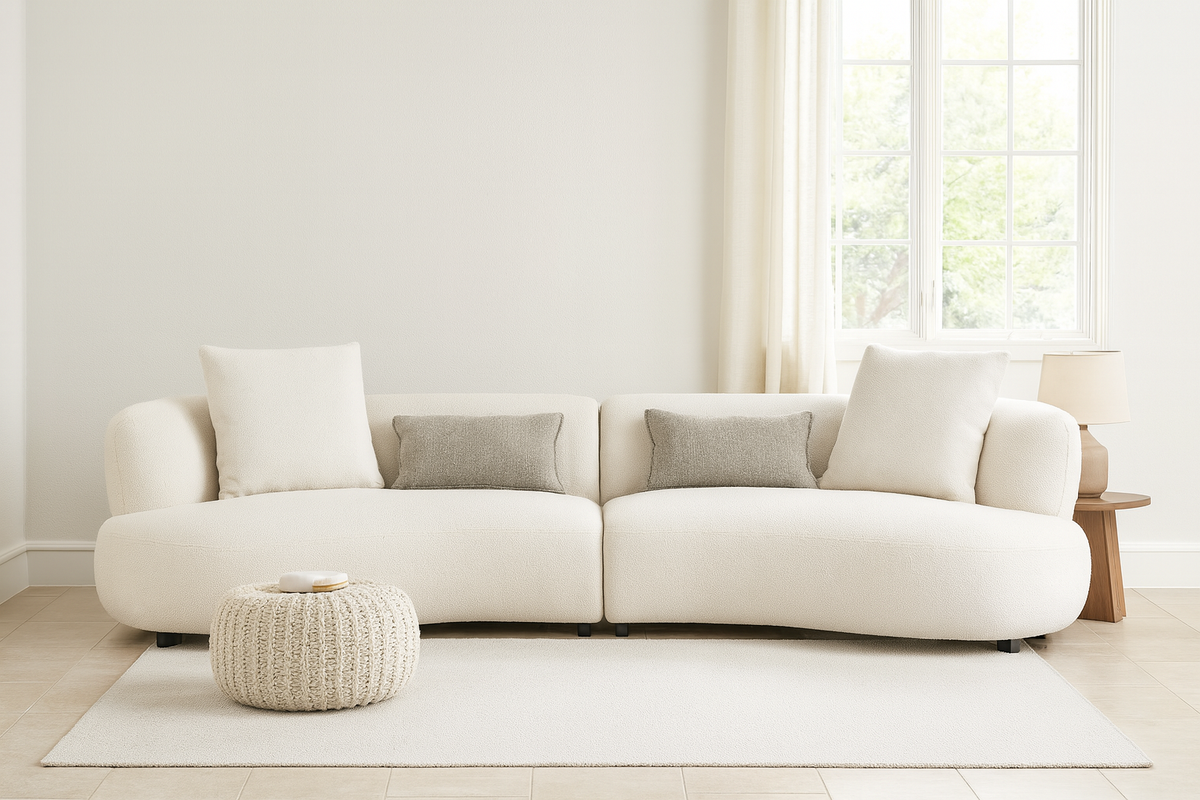 Upholstered Curved Sectional Sofa Four Seats, cream