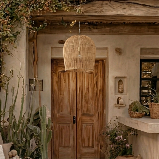A rattan pendant lamp hanging against a rustic wooden door surrounded by greenery and potted plants.