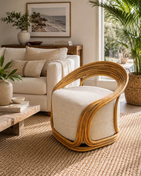 A rattan lounge chair with a cream cushion in a living room setting, minimal decor and natural light.