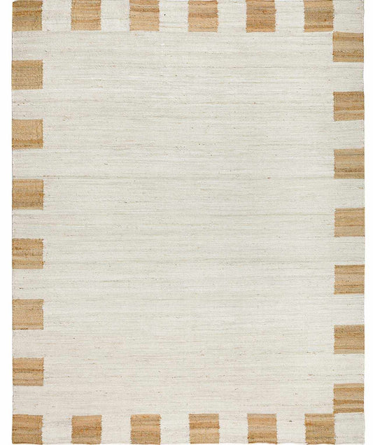 Rectangular rug with a light beige jute border on a white background, no visible setting.