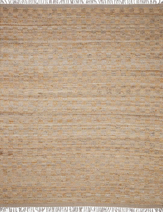 A textured tan and neutral checkered jute area rug with woven details and fringed edges