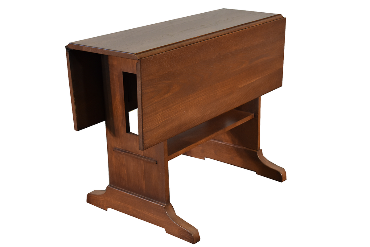 Mission solid oak drop leaf dining table in walnut finish, angled view