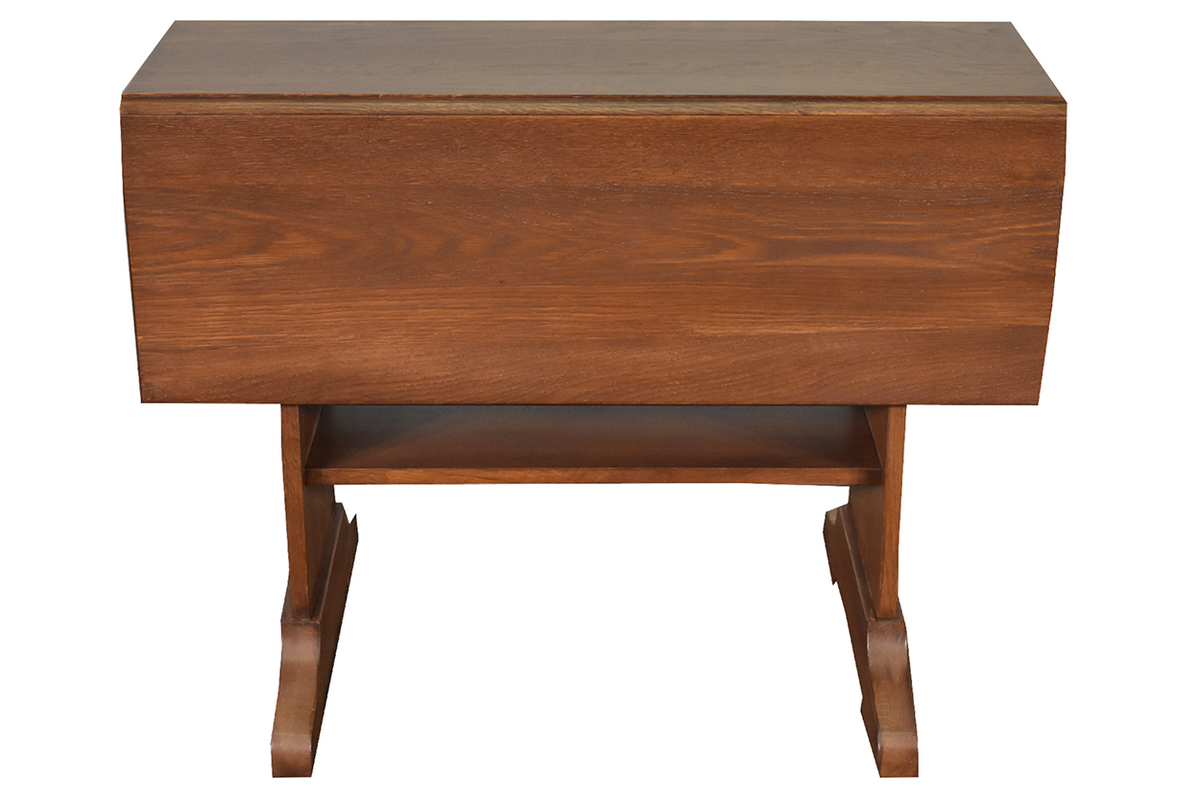 Mission solid oak drop leaf dining table in walnut finish, side view