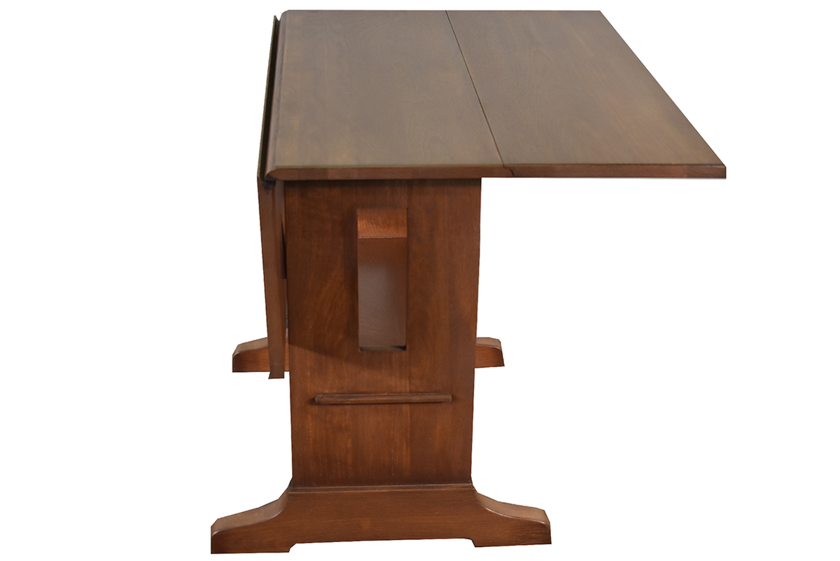 Mission solid oak drop leaf dining table in walnut finish, end view of trestle base