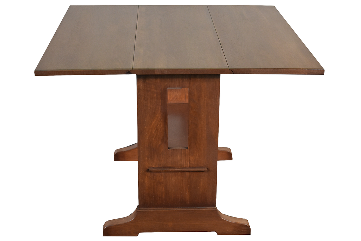 Mission solid oak drop leaf dining table in walnut finish, front view