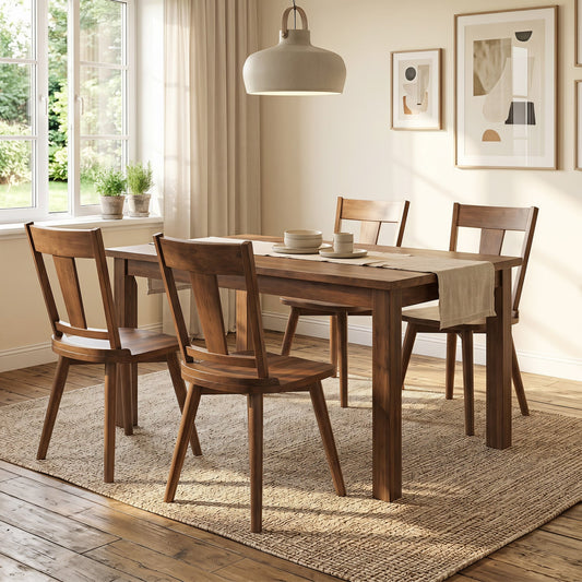 Solid wood dining table with chair set, natural finish, neutral colors, dining room setting