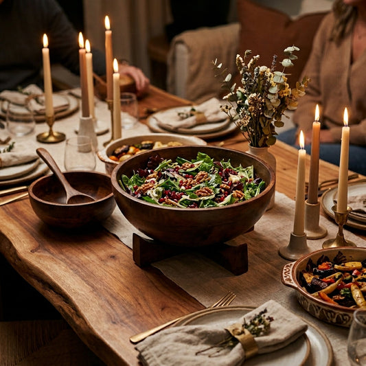 House of Avana Mango Wood Bowl with Stand on a dining table with candles and a salad,