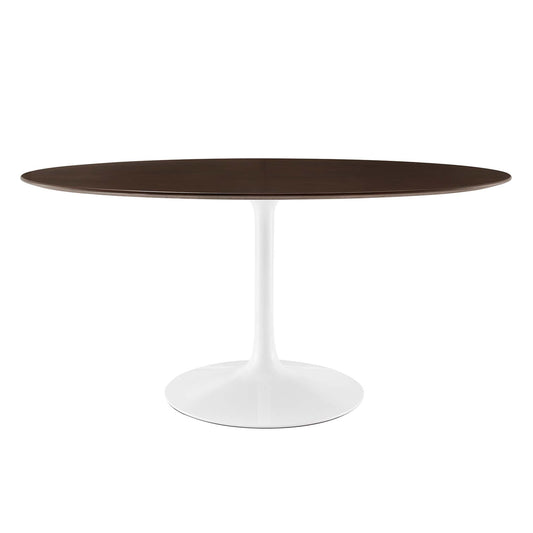 60-inch oval dining table with cherry walnut finish and white pedestal base