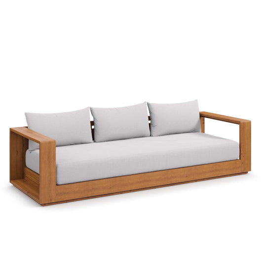 Modern wooden sofa with light grey cushions, simple wooden frame, and visible light wood grain finish.