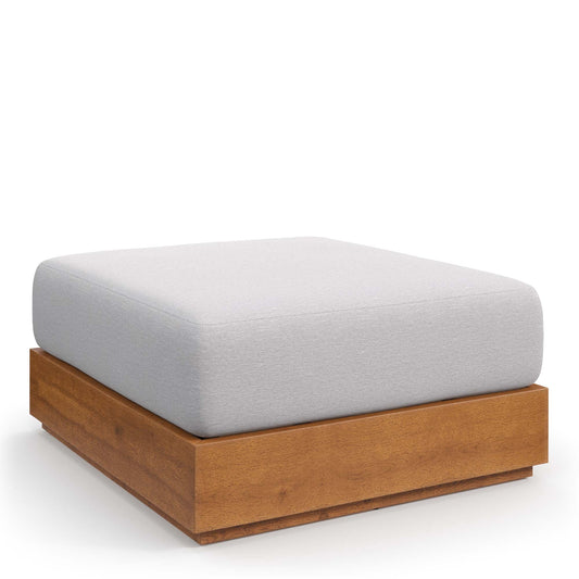 Wooden ottoman with light gray cushion top, 31.5" wide.