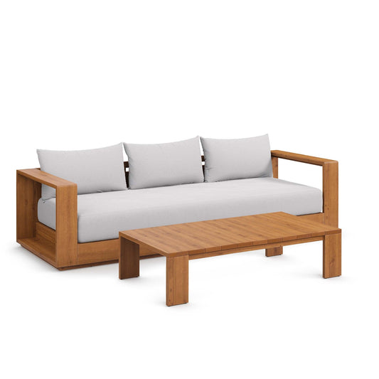 Tahoe 2-Piece Outdoor Patio Acacia Wood Sofa and Coffee Table Set with light gray cushions and natural wood finish.