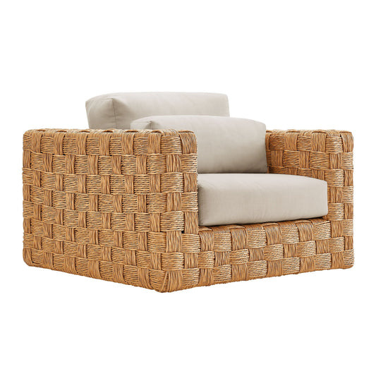 A woven rattan armchair with light grey cushioned seat and back and beige fabric on the armrests, displayed against a plain background.