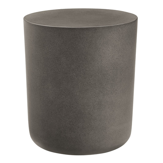 A cylindrical concrete stool with a textured finish in neutral grey, viewed from the top.