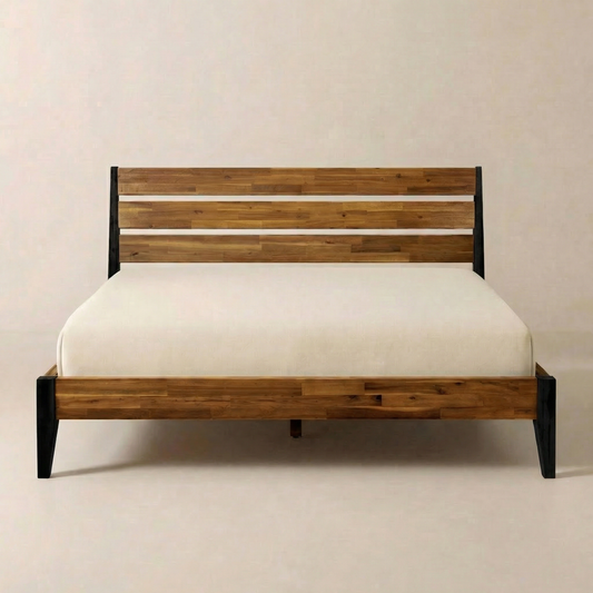 Teak wood bed frame with slatted headboard, beige bedding, plain white wall background.