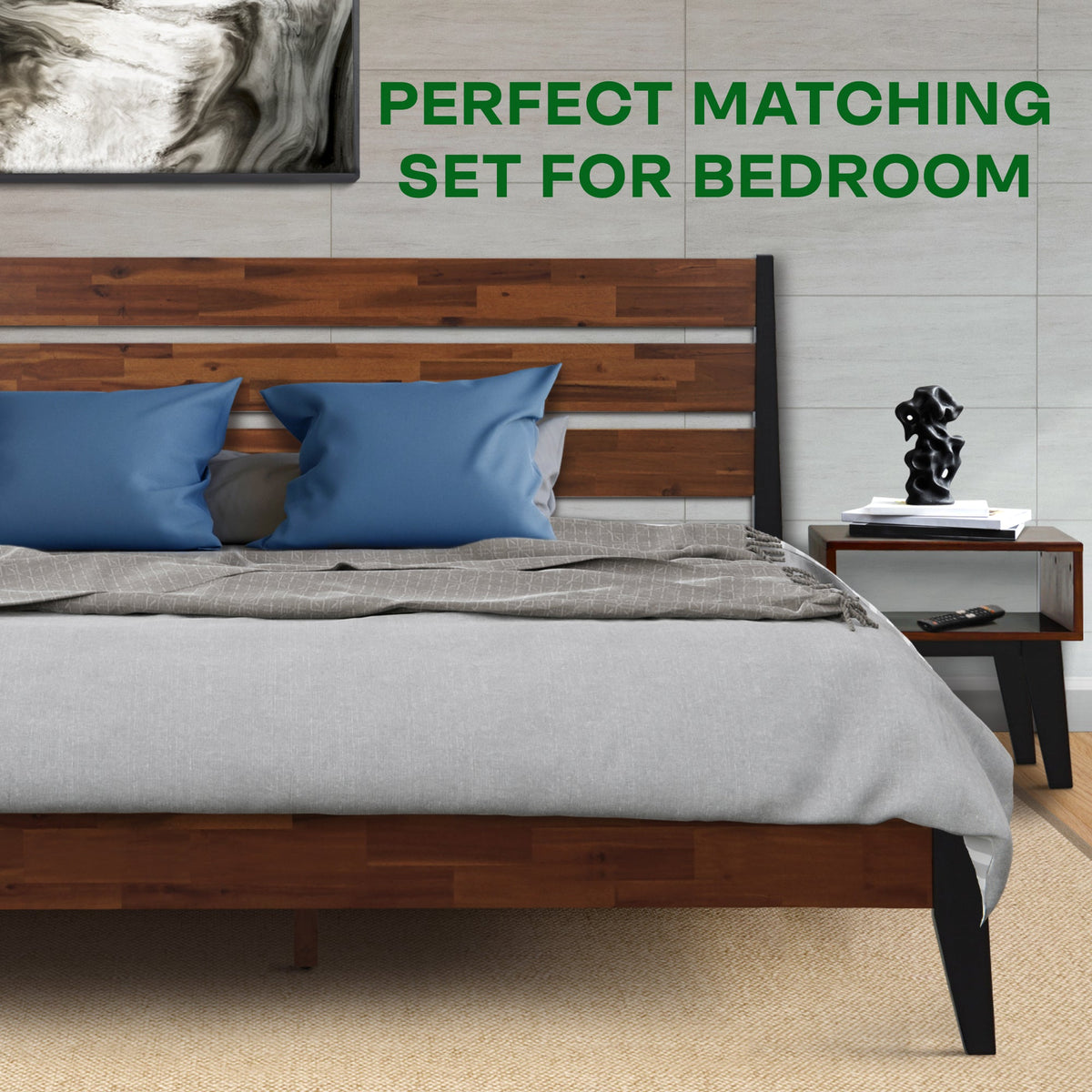 Emery Solid Wood Bed Frame & Nightstand