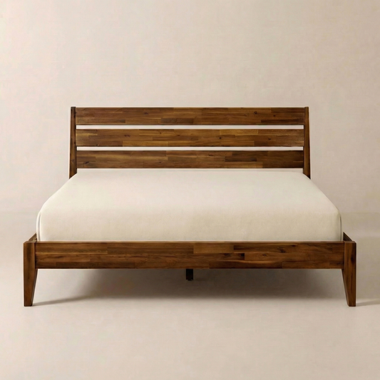 Modern wooden bed frame with horizontal slats and white mattress against plain background