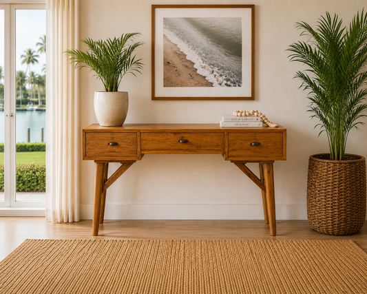 A mid-century desk made of teak wood in a wooden finish, placed under a framed photo of a beach scene in a living room with large windows showing palm trees and greenery beyond. Two potted plants flank the desk, one on each side, with a textured rug in front.