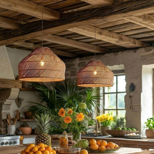 Woven dome pendant lights in a rustic kitchen with exposed wooden beams, greenery, and fresh produce.