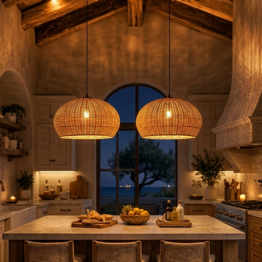 A handwoven bamboo dome pendant light in a rustic kitchen with a view of the ocean at night.