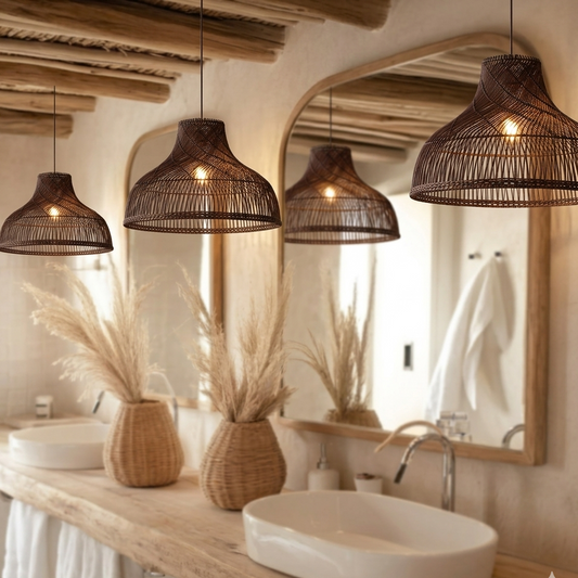 Group of wicker pendant lamps with lit bulbs in a room with beige tones, wooden beams, and mirror above a sink.