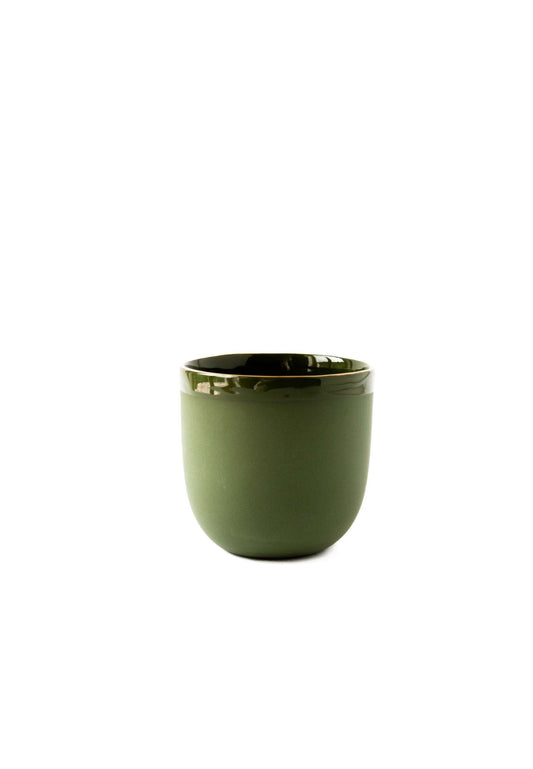 A smooth, green glazed porcelain coffee cup with a gold rim, placed against a plain white background.