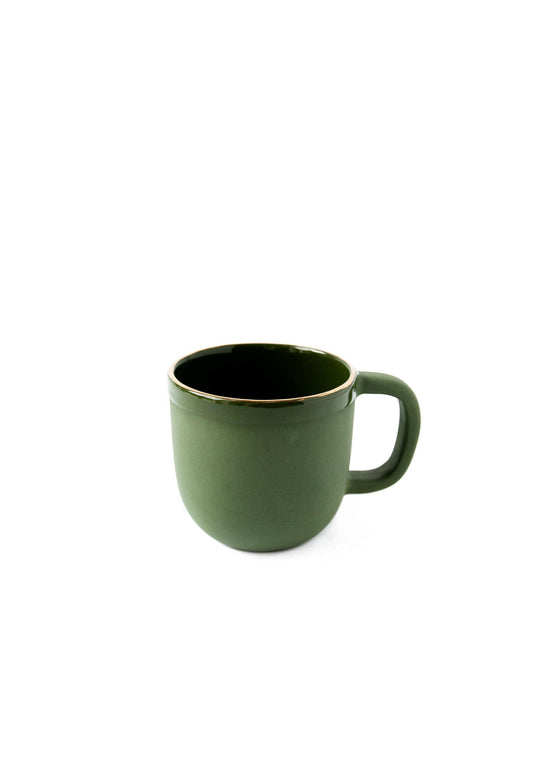 Matte green ceramic cup with gold rim and handle, against white background.
