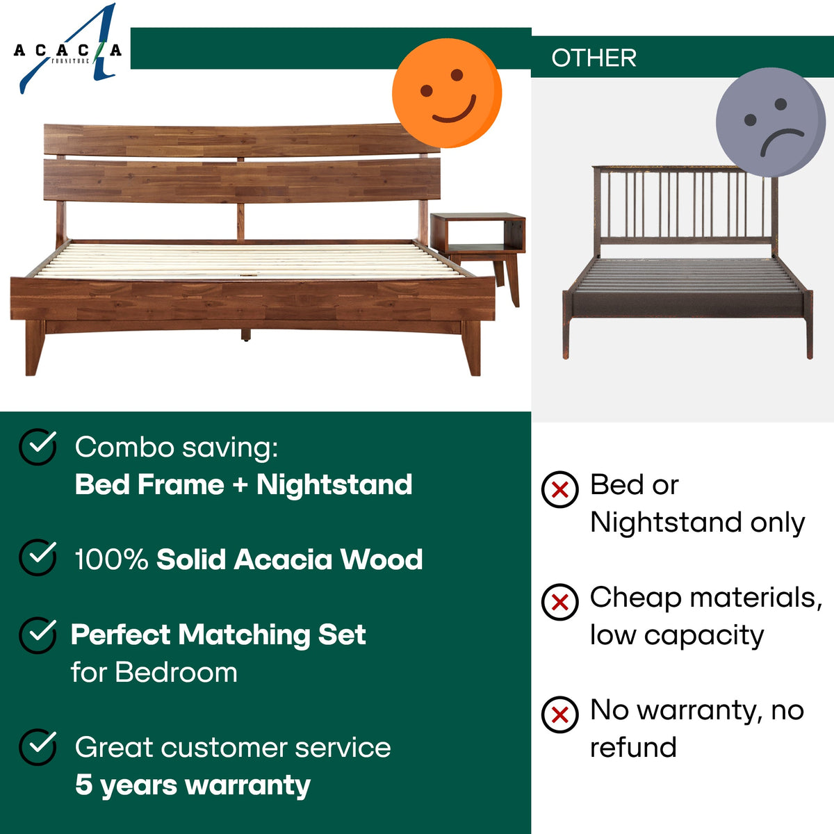 Aurora Solid Wood Bed Frame & Nightstand