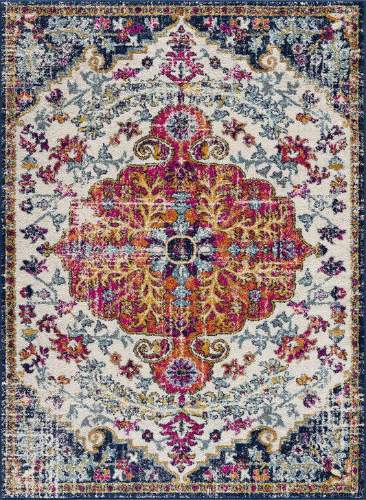 Embroidered rug with intricate floral designs in shades of pink, orange, and blue on a ivory background. Plain white background.