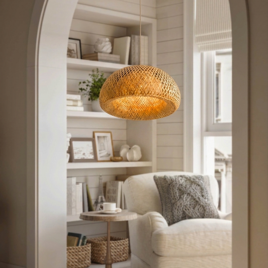 Wooden woven pendant light hanging in a living room with a beige sofa, books, and decorative items on shelves.