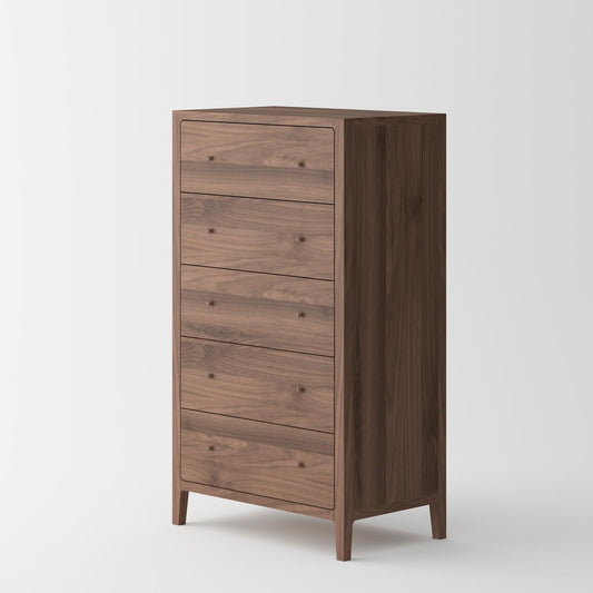 Dark brown wooden chest with five drawers, minimalist style