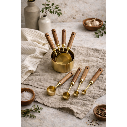 Modern kitchen measuring cups with acacia wood handles and gold finish, displayed on a beige cloth.